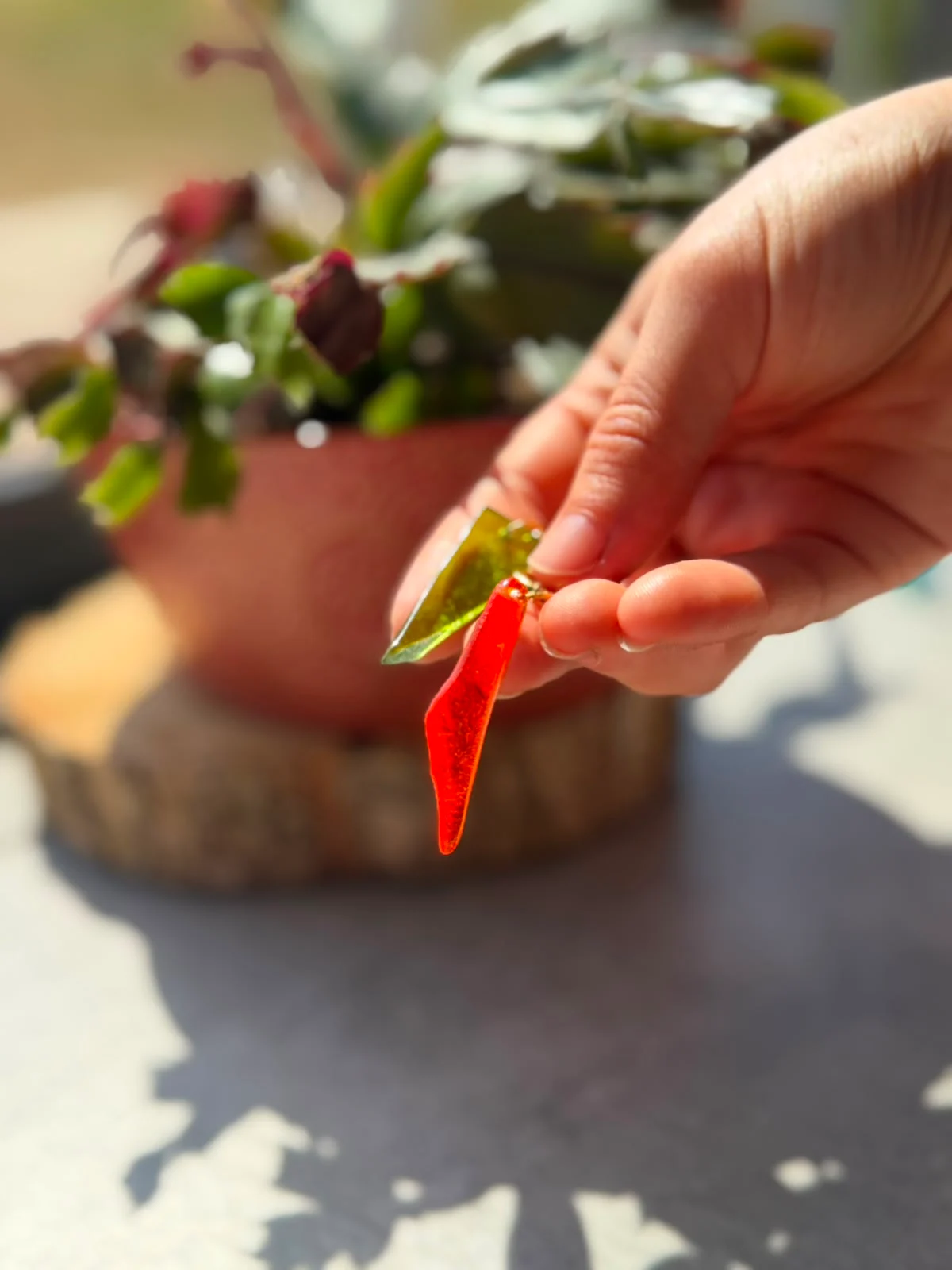 Détail des boucles d'oreilles asymétriques verte et orange posées sur un disque de bois