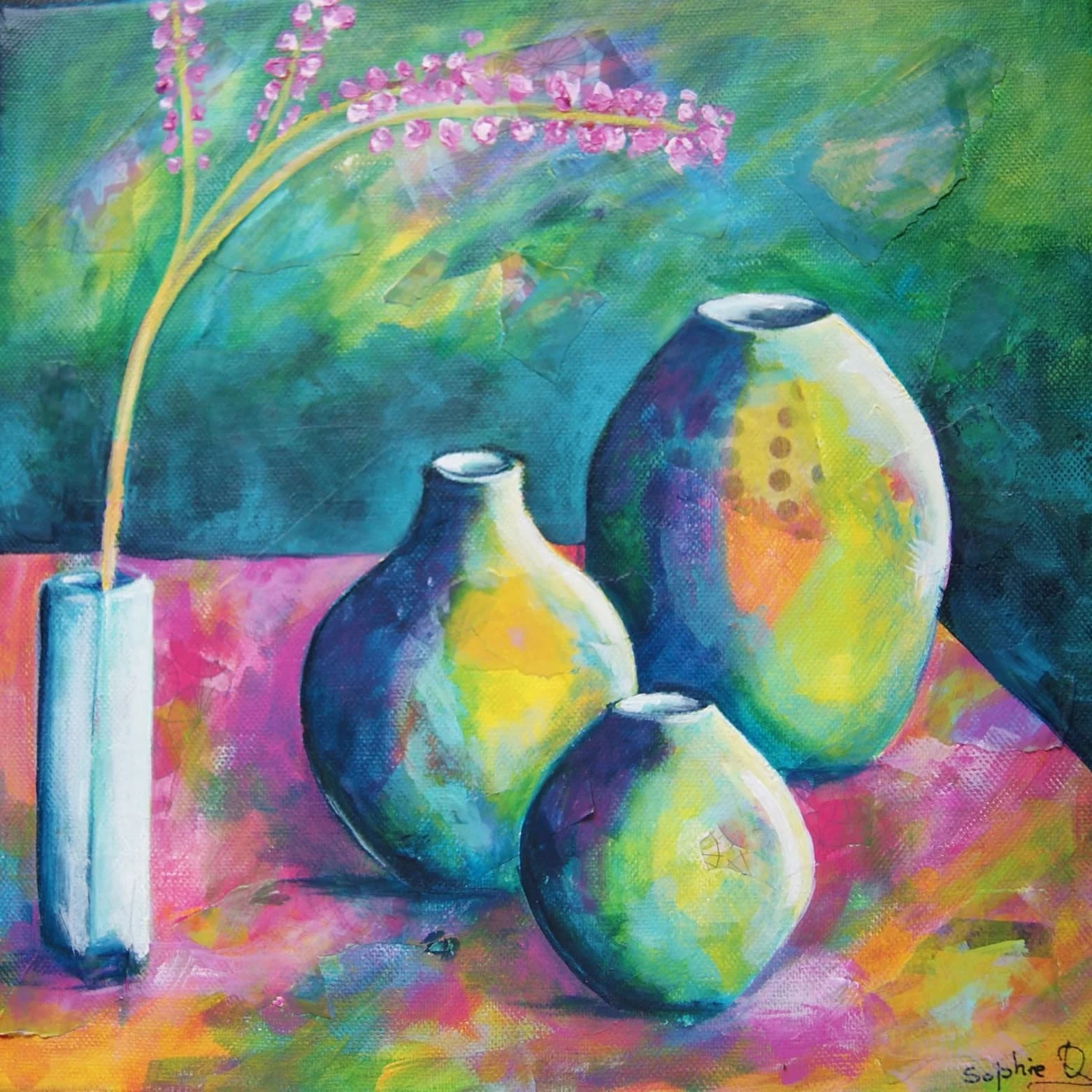 Tableau nature morte aux vases colorés