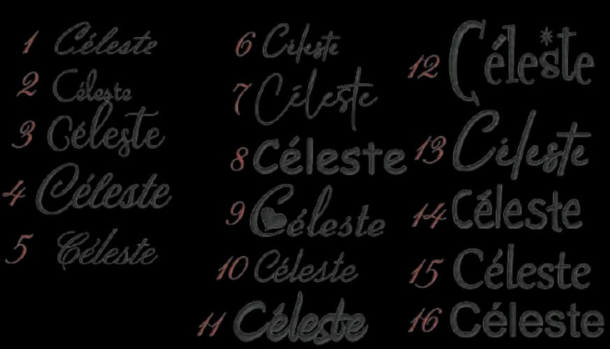 Guide visuel des seize polices d'écriture numérotées avec l'exemple du prénom Céleste.