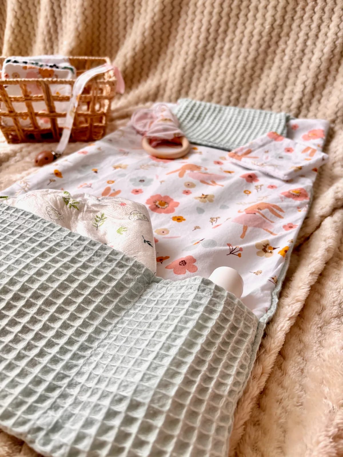 Détail du tissu à motifs fleuris et petites lapines ballerines roses du tapis nomade