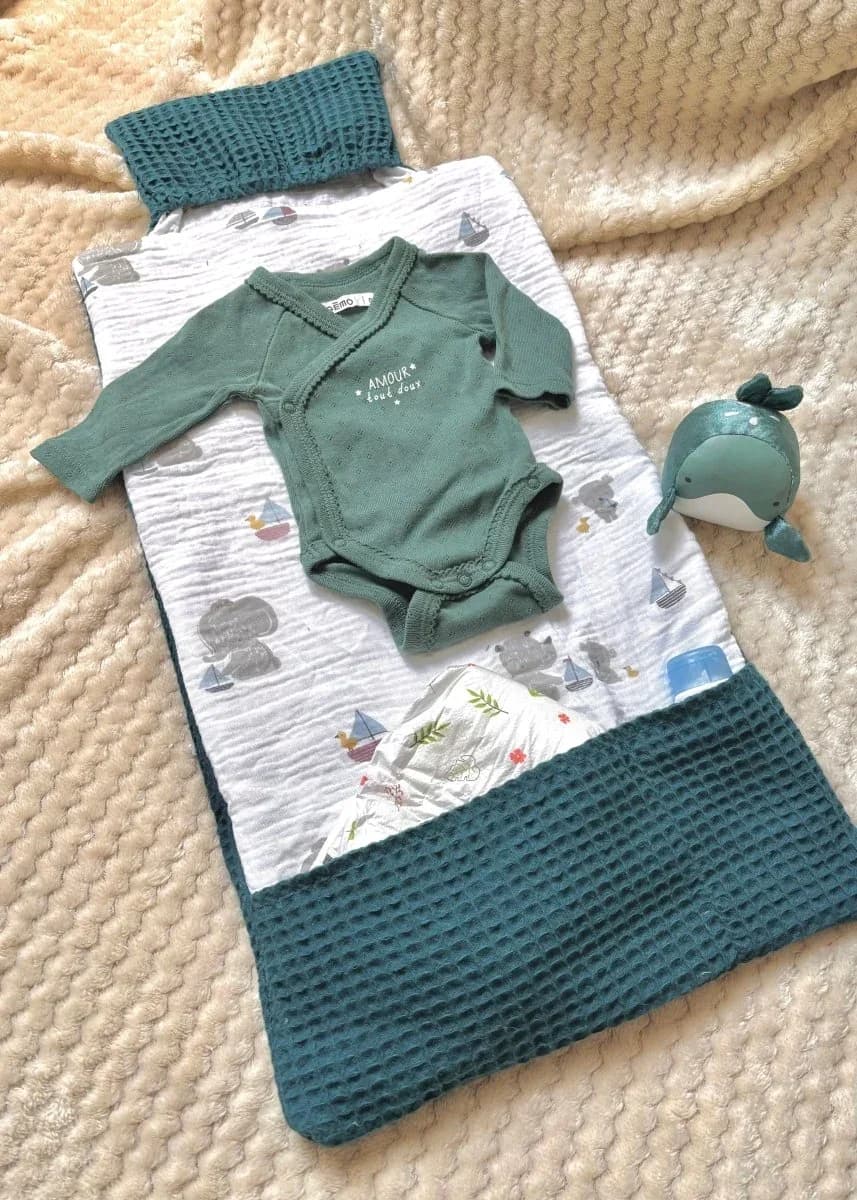 Tapis à langer déplié avec tissu blanc à motifs, poche en nid d'abeille bleu canard, body et peluche