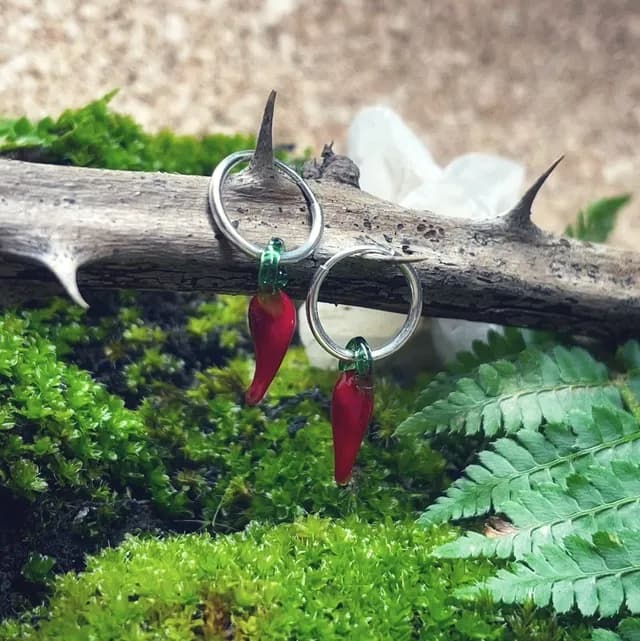 Créoles avec pendentifs piment rouge suspendues à une branche au-dessus de mousse végétale
