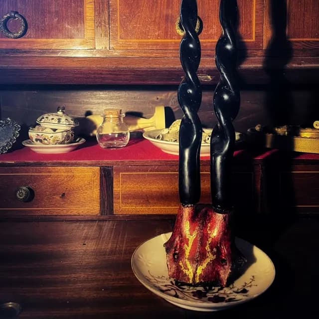 Bougeoir rouge et doré avec deux bougies torsadées noires sur coupelle en porcelaine posée sur un meuble en bois.