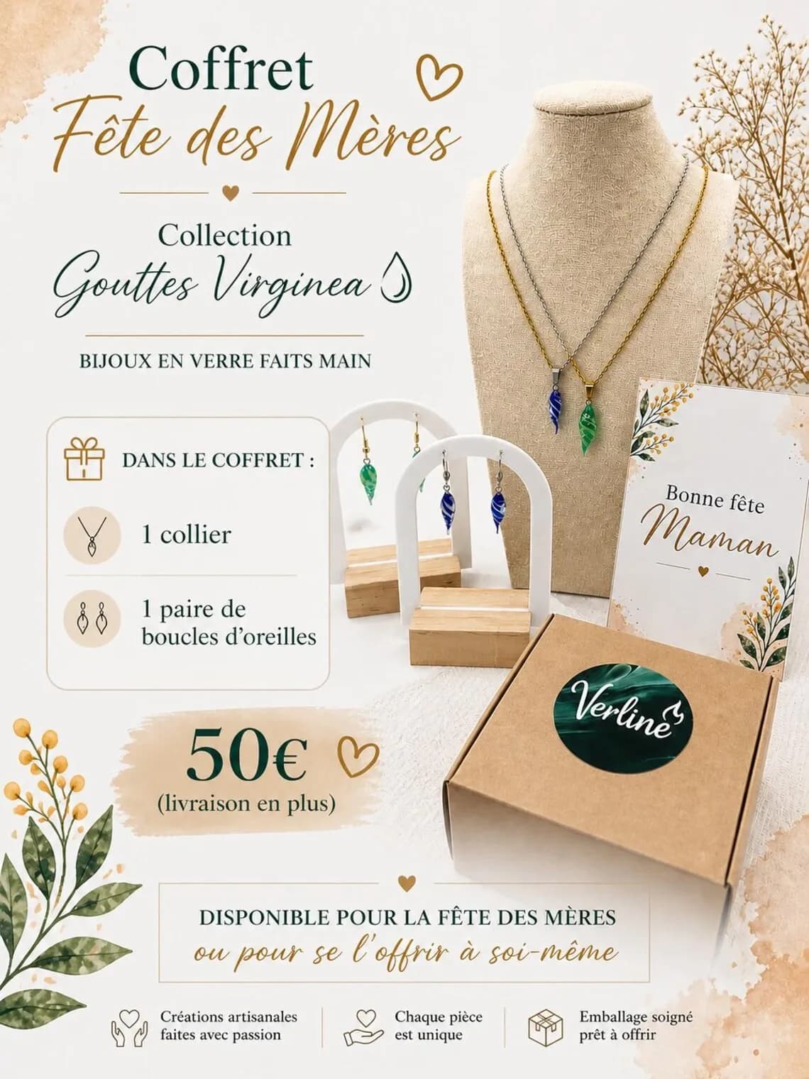 Visuel de présentation du coffret cadeau avec bijoux en verre bleu et vert, boîte et carte Bonne fête Maman.
