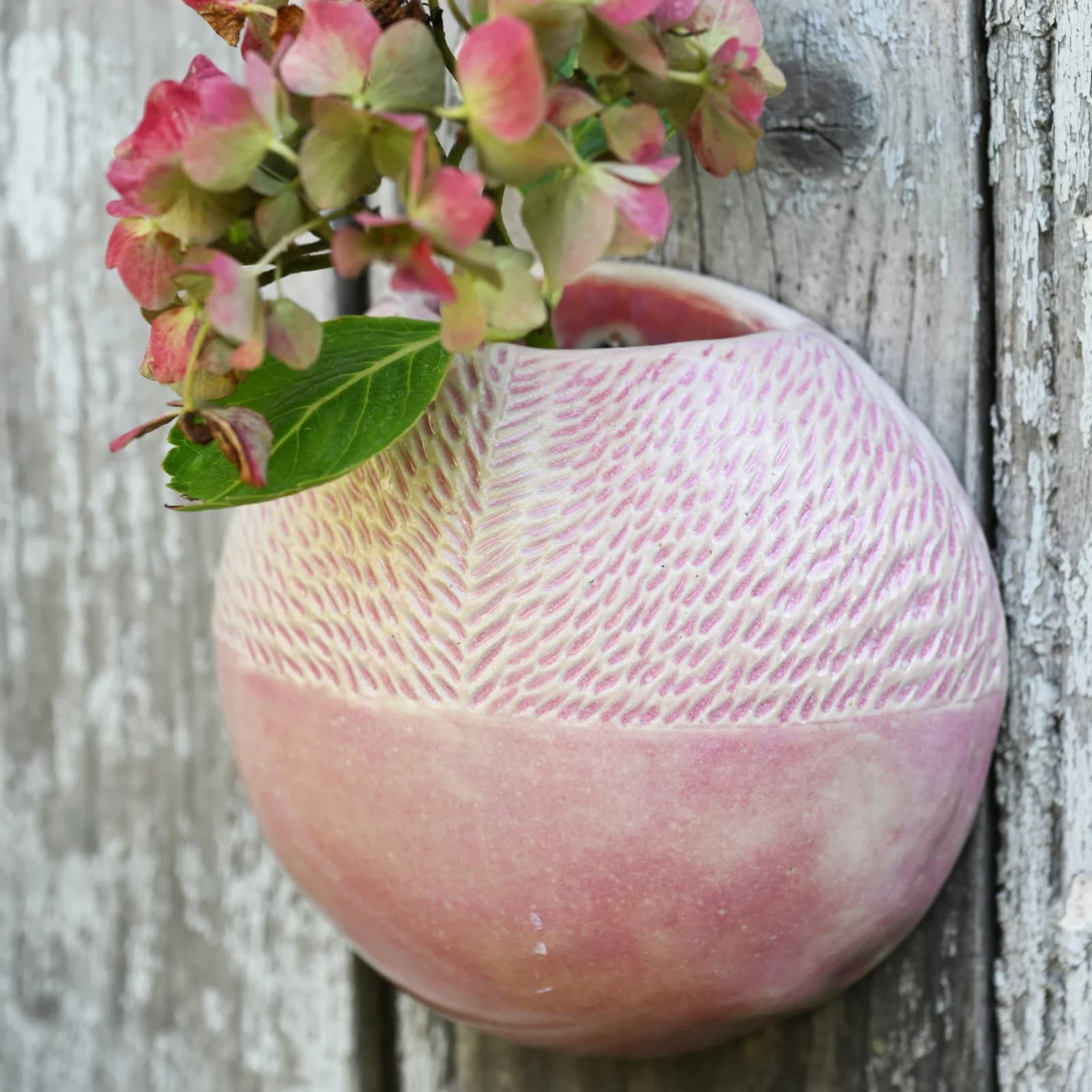 Vase mural rond en céramique rose texturée garni d'hortensias sur un fond en bois